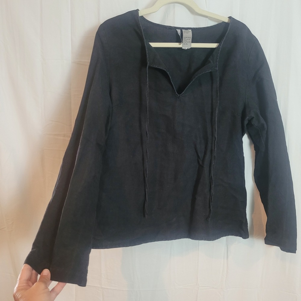 Voice Black Linen Blend Long Sleeve V-Neck Tie Front Smocked Back Top XL FLAW
